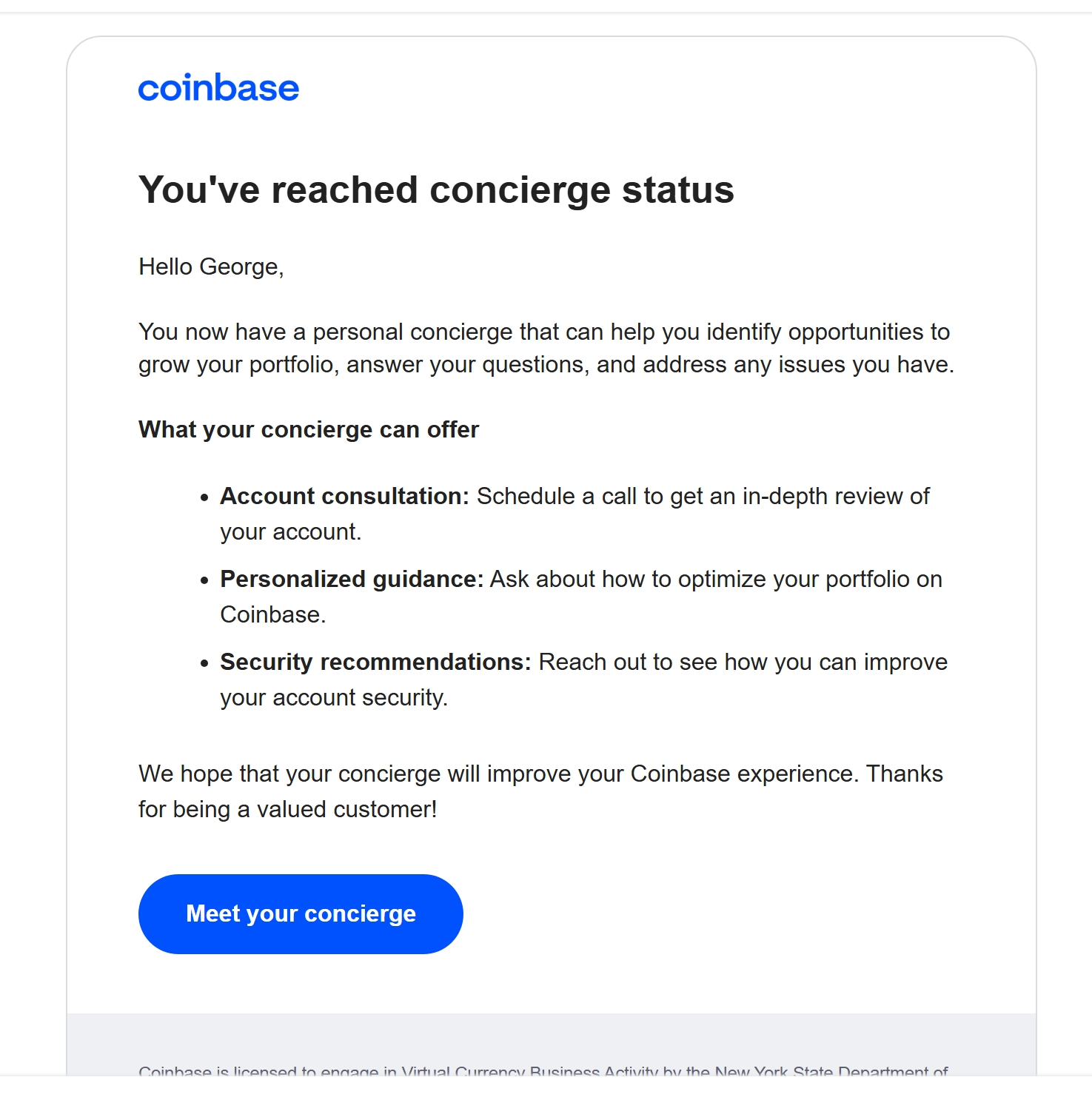 Coinbase message addressed to George saying he reached concierge status
