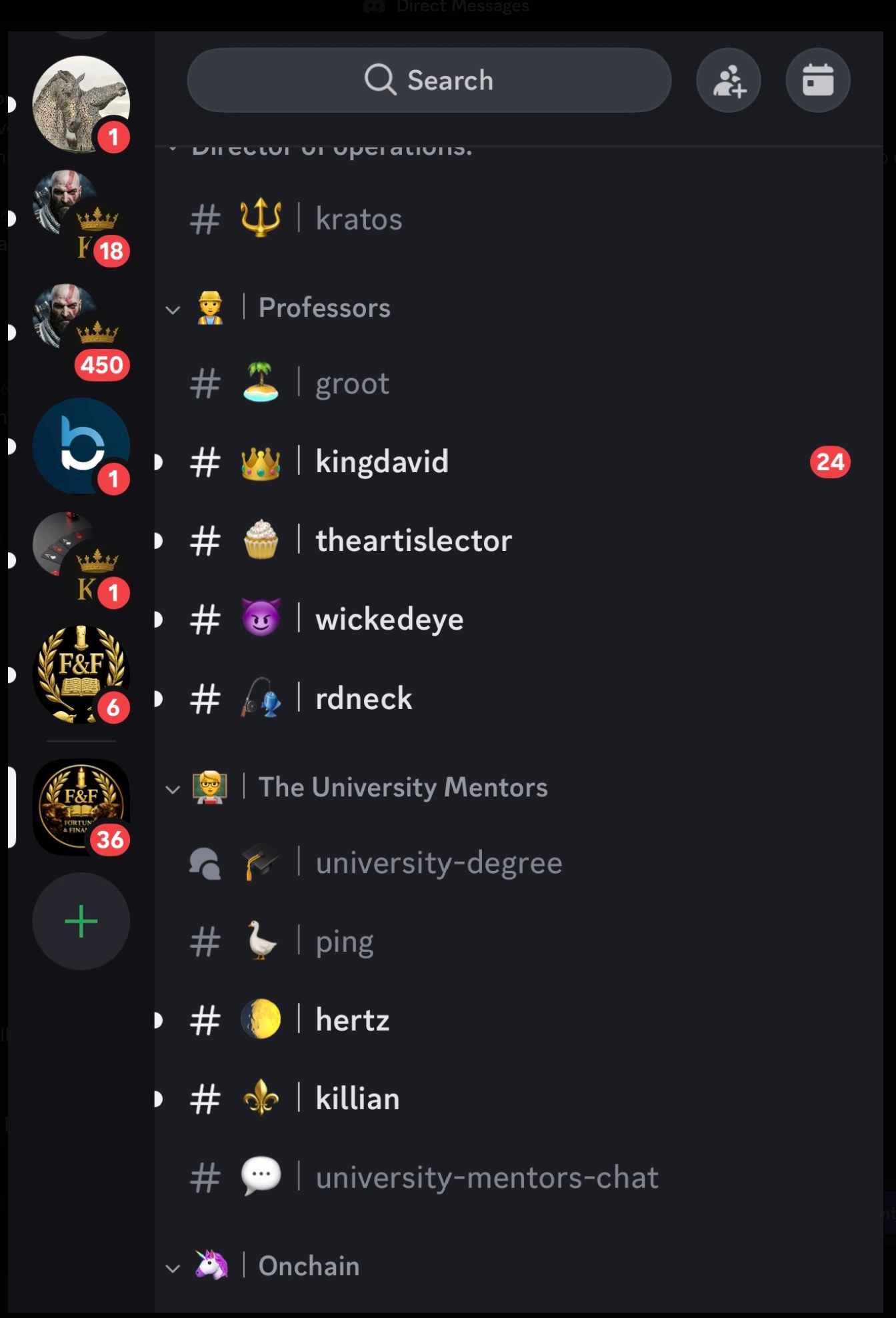 Discord channel list showing Professors and University Mentors sections
